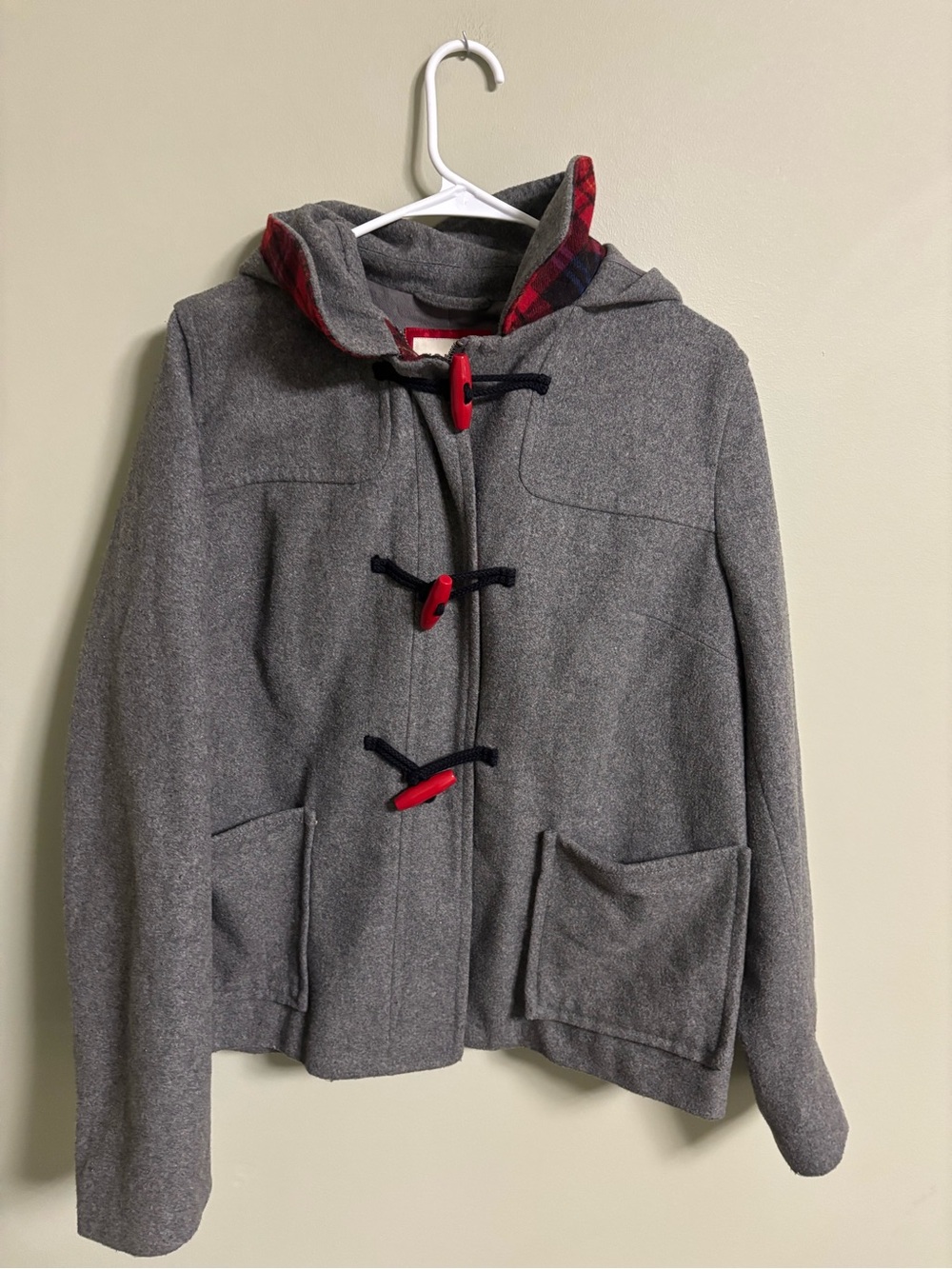 Old Navy Gray Wool Blend Hooded Toggle Pea Coat Red Plaid Trim Size Large